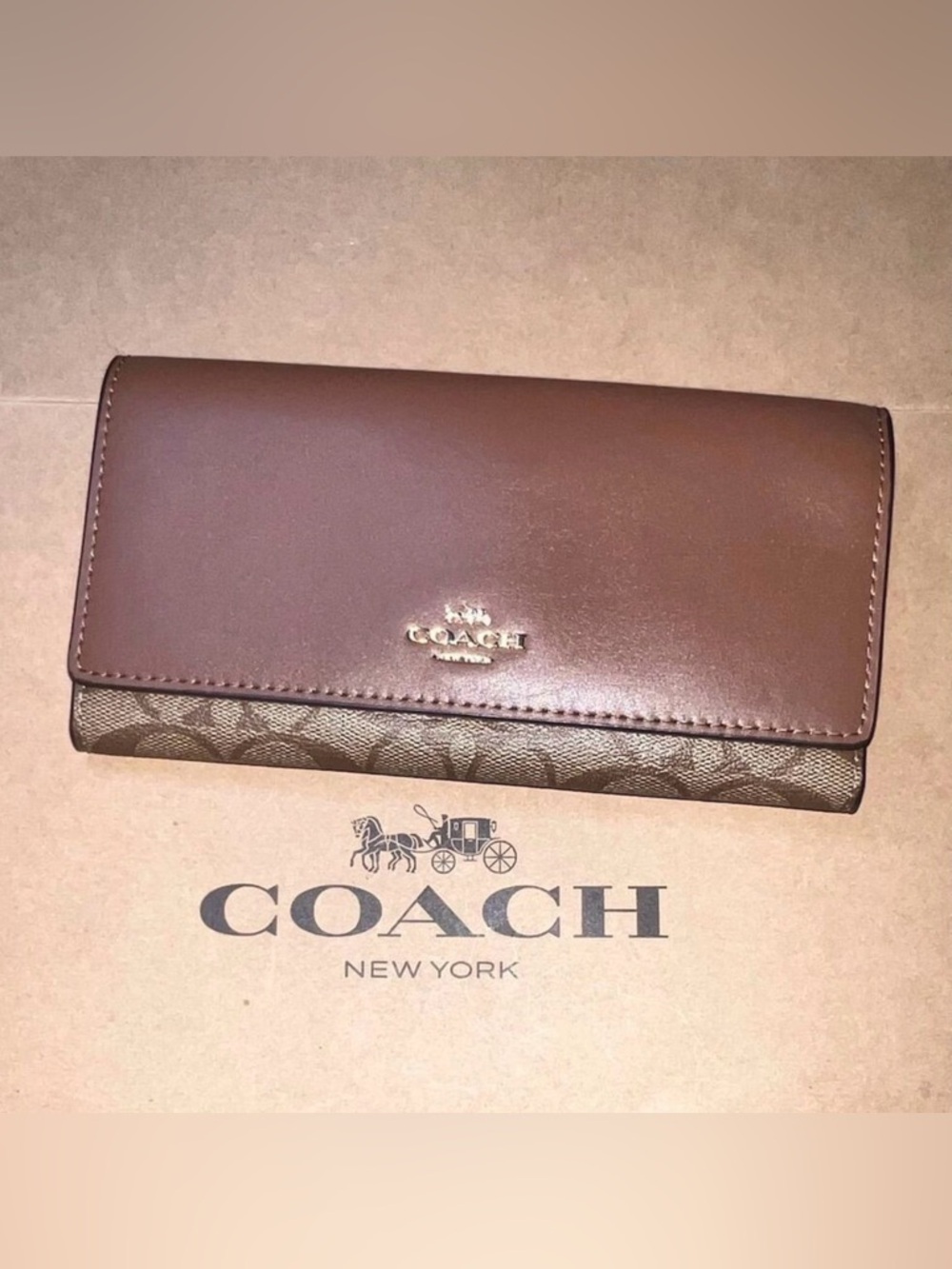 COACH Slim Trifold Wallet Brown Credit Card Holder AUTHENTIC